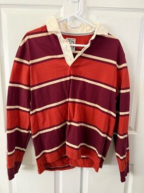 Worn Once Lands' End Men's Crimson and Cream Striped Rugby Polo